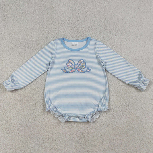 Baby Girls Rompers Embroidery Floral Bow Top Blue Stripe Ruffle Rompers LR2917
