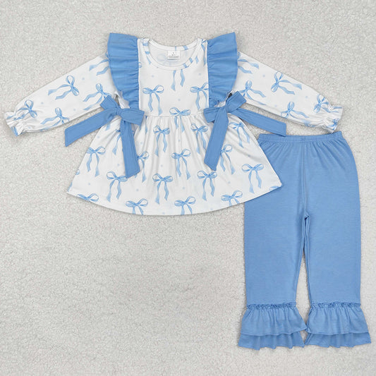 Baby Girls Clothes Blue Bows Tunic Ruffle Pants Clothes Sets GLP2109