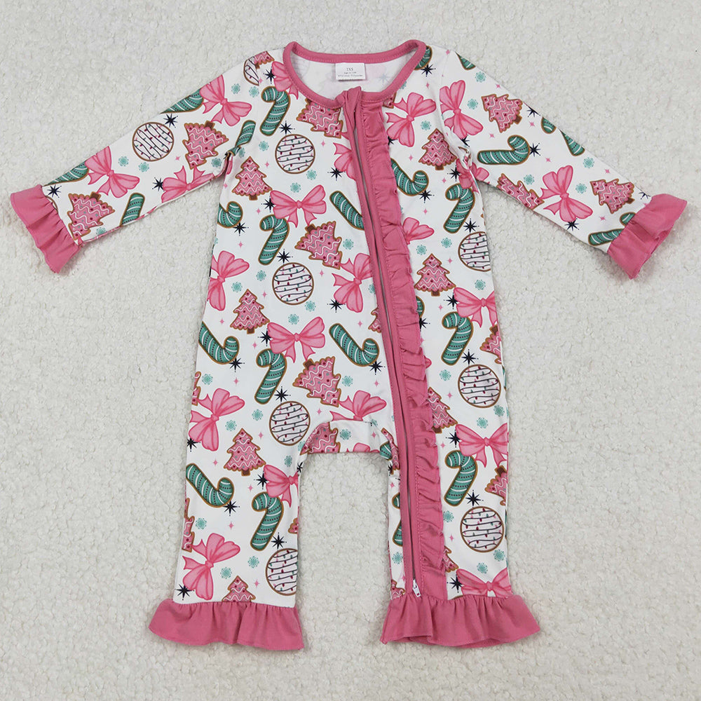 Baby Girls Rompers Candy Cane Trees Christmas Ruffle Zipper Footie Rompers LR2486 10.13
