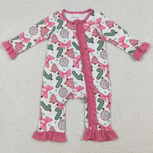 Baby Girls Rompers Candy Cane Trees Christmas Ruffle Zipper Footie Rompers LR2486 10.13