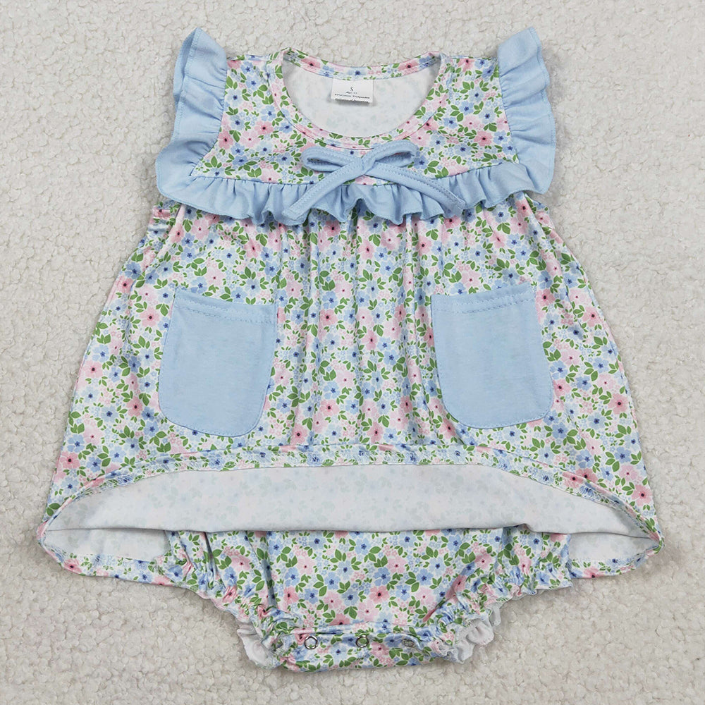 Baby Girls Rompers Sleeveless Flowers Pockets Tunic Bummies Ruffle Rompers SR3752