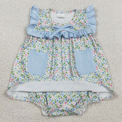 Baby Girls Rompers Sleeveless Flowers Pockets Tunic Bummies Ruffle Rompers SR3752