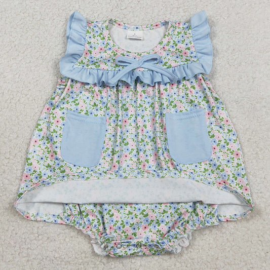 Baby Girls Rompers Sleeveless Flowers Pockets Tunic Bummies Ruffle Rompers SR3752