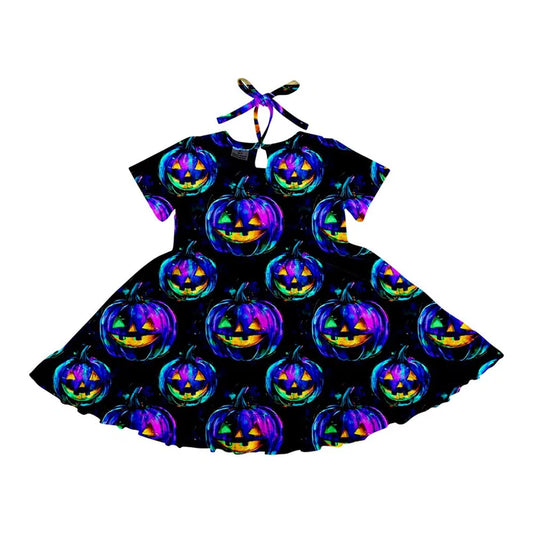Preorder (moq 5)Baby Girls Halloween Colorful Pumpkins Twirl Knee Length Dresses 6.14