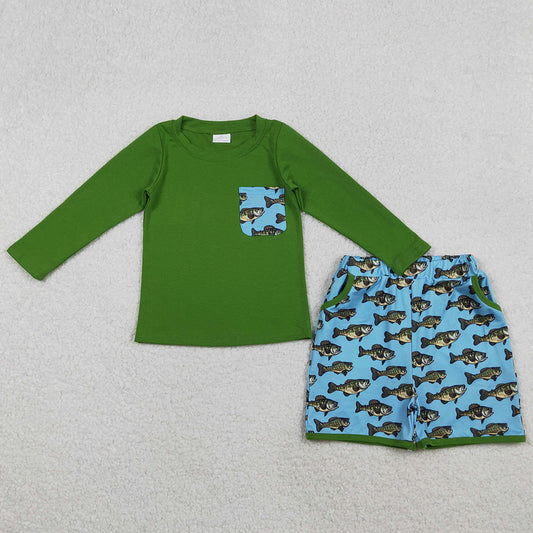 Baby Boys Clothes Green Long Sleeve Fishes Plaid Top Pockets Shorts Hunting Clothes Sets BLS0010 11.1
