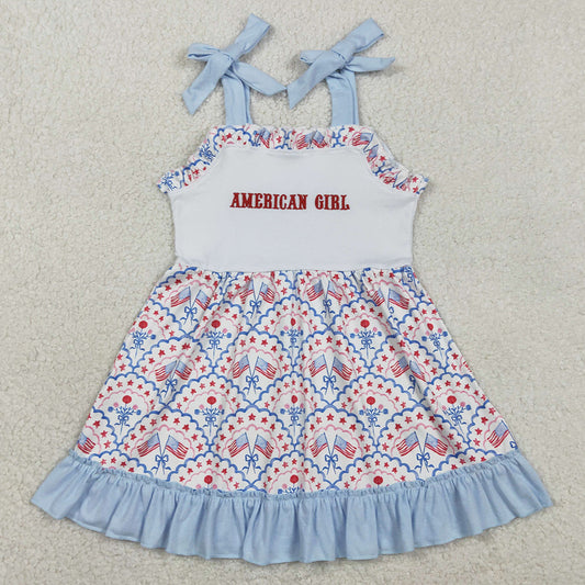 Baby Girls Dress Embroidery American Girls Strap Bows Flags 4th of July Ruffle Knee Length Dress GSD3239