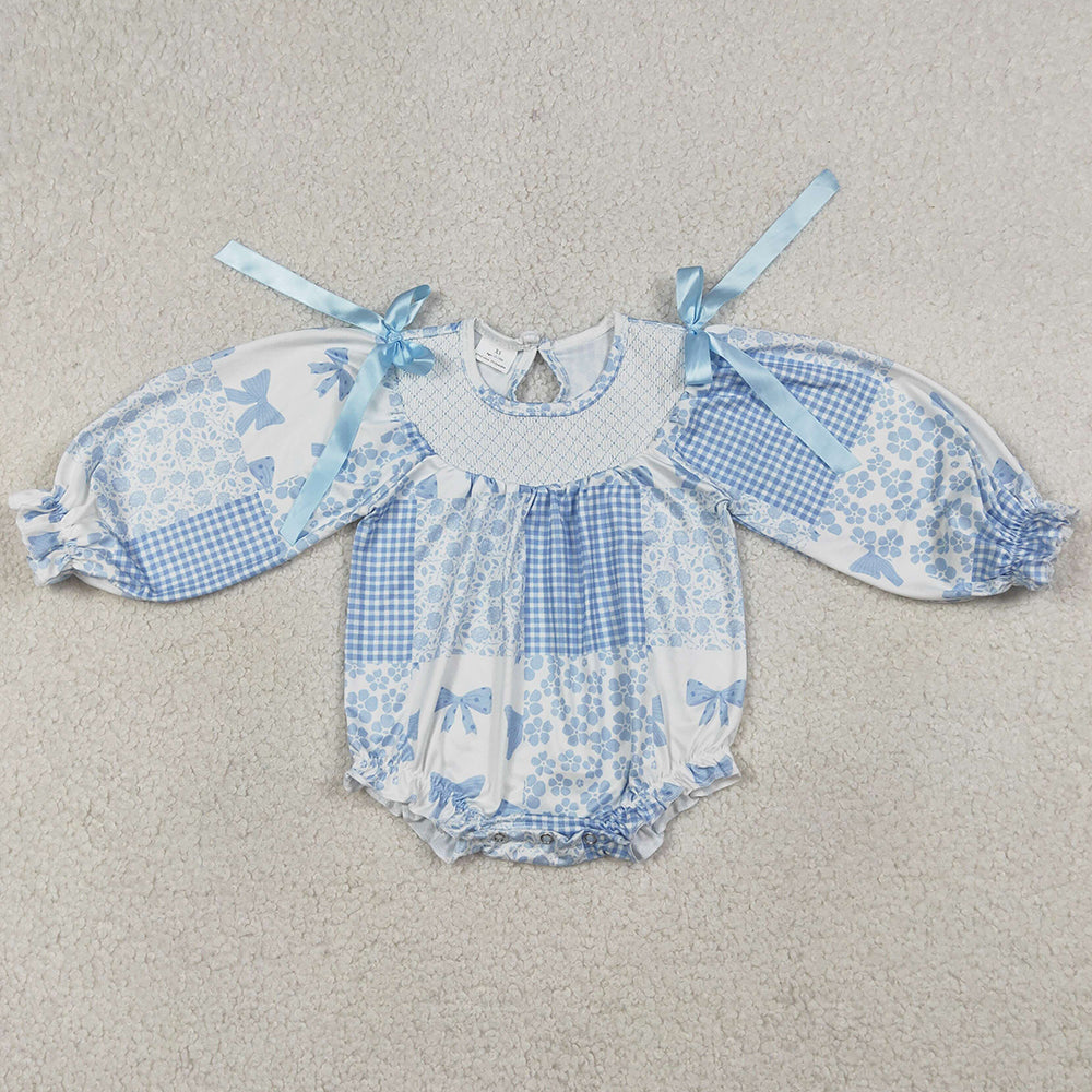Baby Girls Rompers Smocked Checked Blue Bows Flowers Ruffle Rompers LR2931