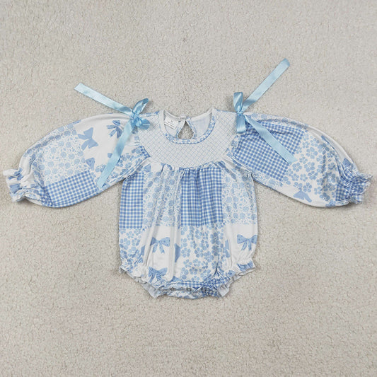 Baby Girls Rompers Smocked Checked Blue Bows Flowers Ruffle Rompers LR2931