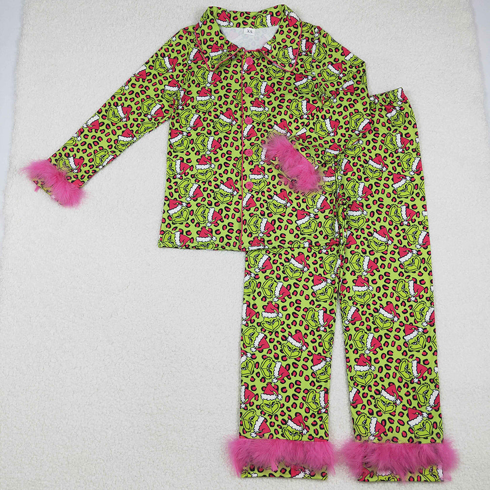 Adult Women Pajamas Christmas Grin Leopard Button Top Pants Fur Sleeve Pajamas Set GLP2670 10.20