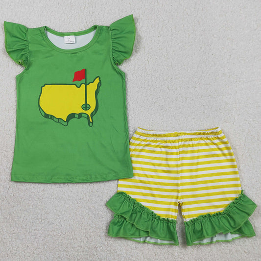 Baby Girls Clothes Flutter Sleeve Green Golf Flags Top Ruffle Shorts Clothes Sets GSSO2867