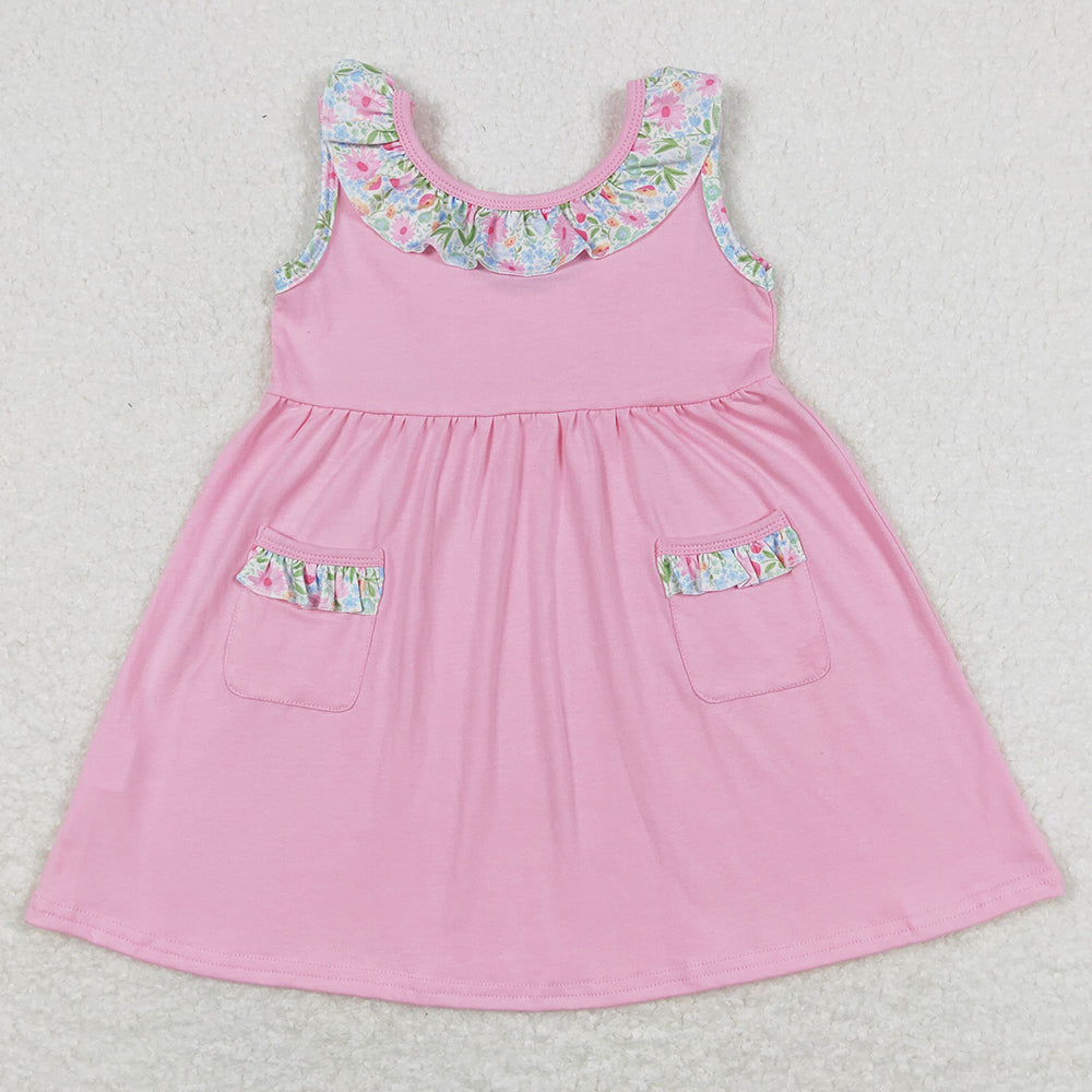 Baby Girls Dress Pink Floral Knee Length Pockets Back Bow Dresses GSD0961