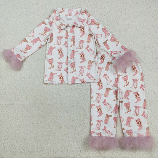 Baby Girls Pajamas Pink Fur Sleeves Bows Boots Plaid Button Top Pants Pajamas Set GLP2359 8.5
