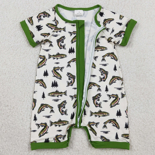 Baby Boys Rompers Green Short Sleeves Fishes Hunting Zipper Rompers SR3095