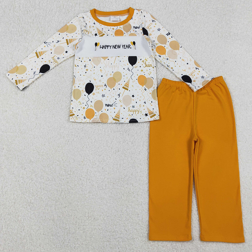 Sibling Baby Boys Girls Embroidery Happy New Year Balloons Stars Top Pants Clothes Sets GLP2901 BLP1299 11.1