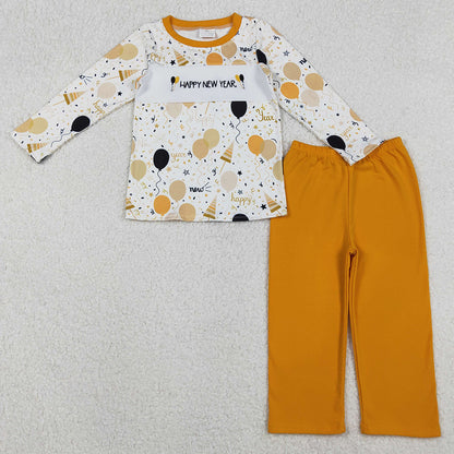 Sibling Baby Boys Girls Embroidery Happy New Year Balloons Stars Top Pants Clothes Sets GLP2901 BLP1299 11.1