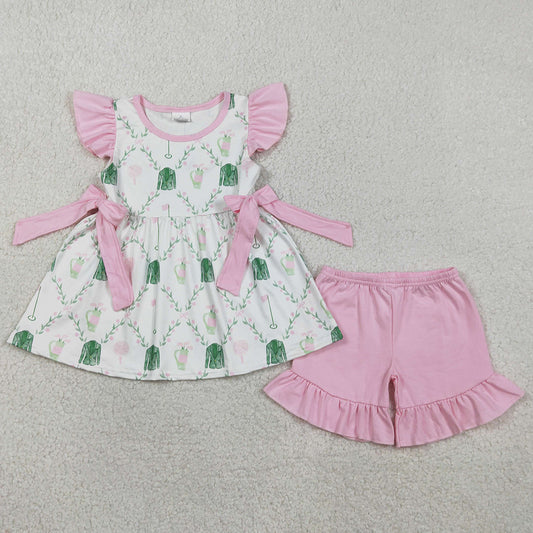 Baby Girls Clothes Flowers Golf Checked Bows Tunic Ruffle Shorts Clothes Sets GSSO3063