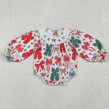 Smocked Baby Girls Bows Holly Bows Plaid Christmas Ruffle Rompers LR2217 11.3