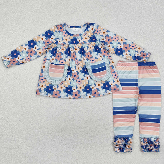 Baby Girls Clothes Blue Flowers Pockets Tunic Top Legging Clothes Sets GLP2144