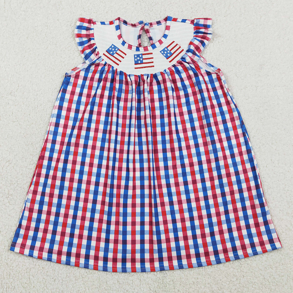 Baby Girls Dress Smocked Flags Red Blue Checked 4th Of July Knee Length Dresses GSD3506