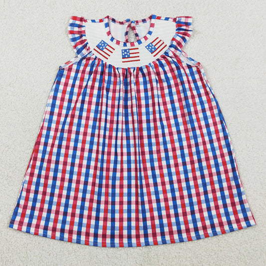 Baby Girls Dress Smocked Flags Red Blue Checked 4th Of July Knee Length Dresses GSD3506