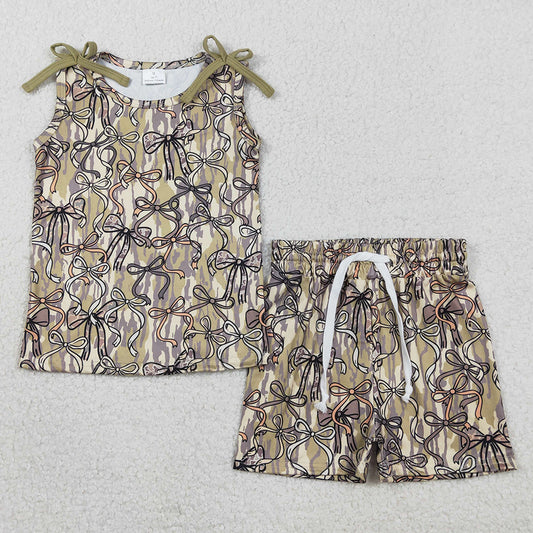 Baby Girls Clothes Sleeveless Southern Olive Camo Bows Top Shorts Clothes Sets GSSO3127
