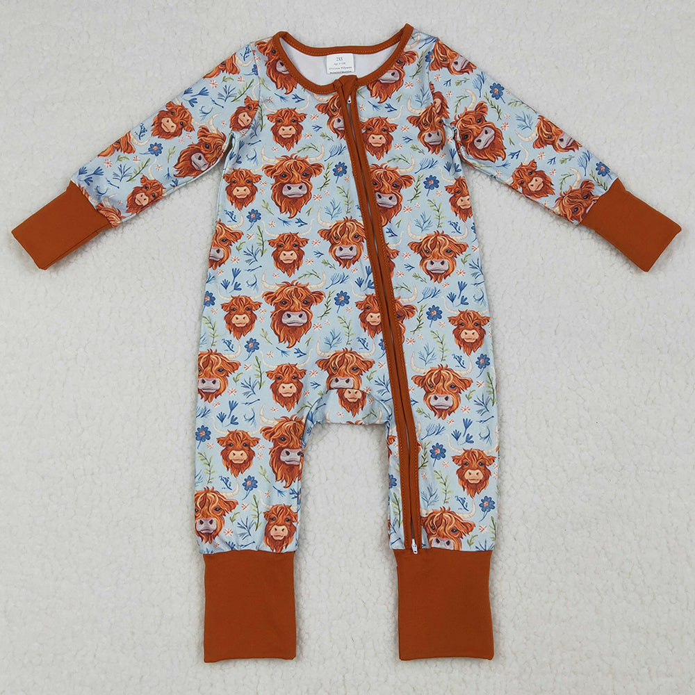 Baby Girls Rompers Highland Cows Flowers Western Two Way Zip Convertible Rompers LR1787