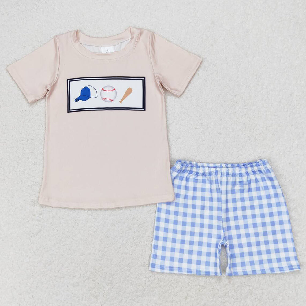 Baby Boys Clothes Baseball Tee Shirts Tops Blue Checkered Shorts Sets BSSO0919