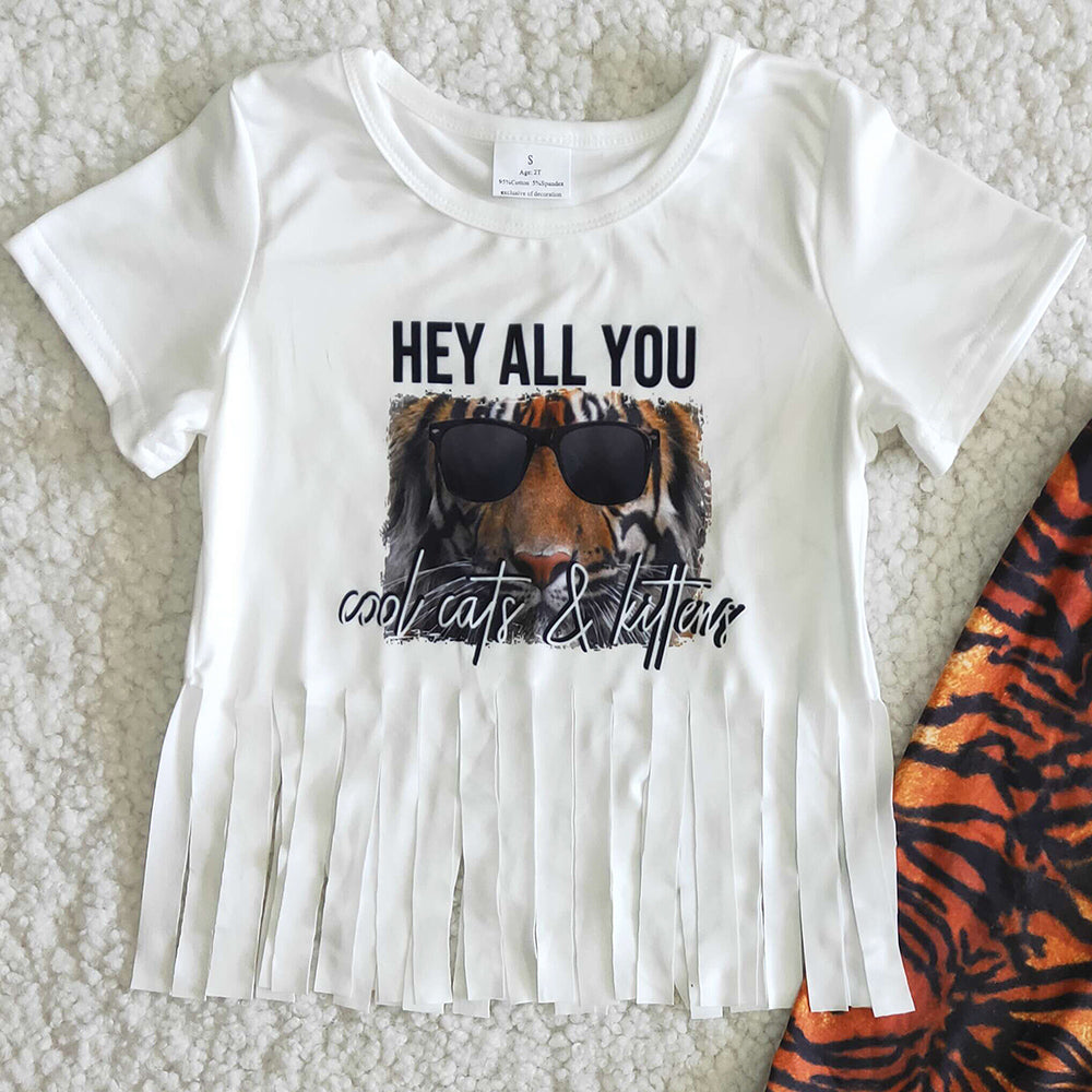 Baby Girls Clothes Tiger Tassel T-shirt Cute Kids Clothes Girls Boutique Bell Bottom Outfits B12-16