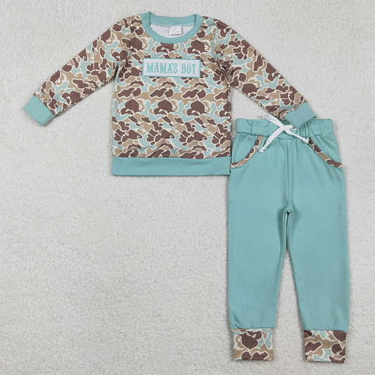 Boutique Kids Boys Embroidery Mama's Boy Green Camo Top Pockets Jogger Pants Clothes Sets BLP1336 11.6