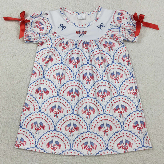 Baby Girls Dress Embroidery Bows Flags Checked 4th of July Knee Length Dresses GSD3525