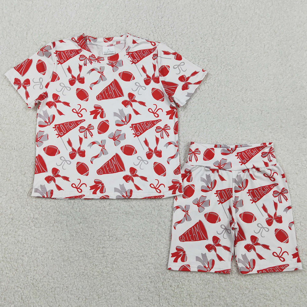 Baby Girls Clothes Red Grey Bow Footballs Top Shorts Go Team Pajamas Clothes Set GSSO2727
