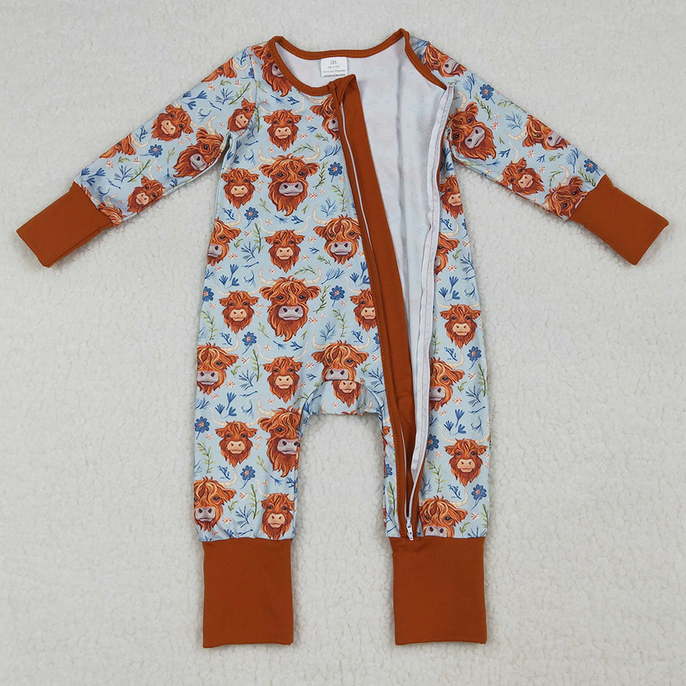 Baby Girls Rompers Highland Cows Flowers Western Two Way Zip Convertible Rompers LR1787