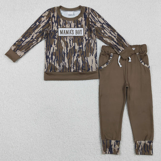Baby Boys Clothes Embroidery Mama's Boy Olive Camo Top Pockets Jogger Clothes Sets BLP1334 11.6