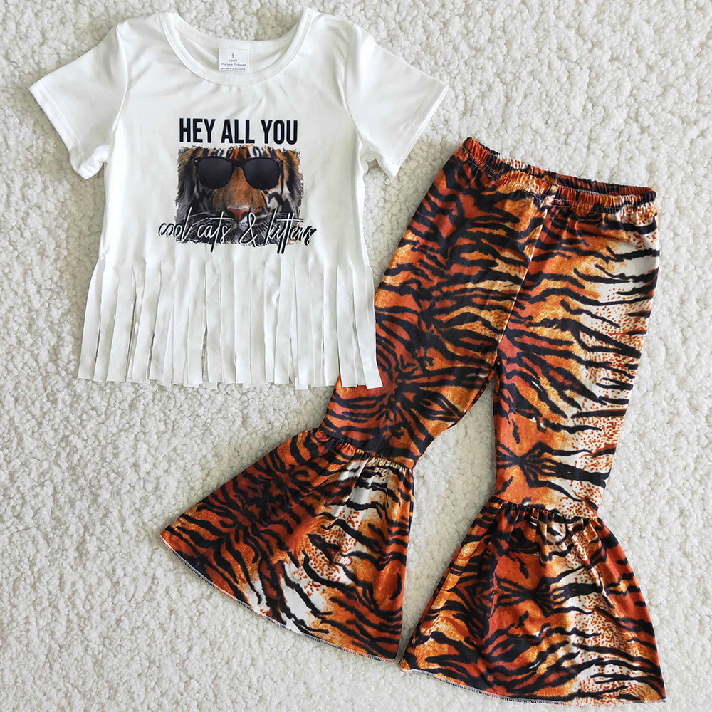 Baby Girls Clothes Tiger Tassel T-shirt Cute Kids Clothes Girls Boutique Bell Bottom Outfits B12-16