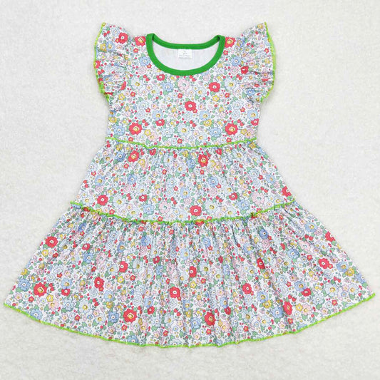 Baby Girls Dress Green Flowers Flutter Sleeve Knee Length Dresses GSD0948