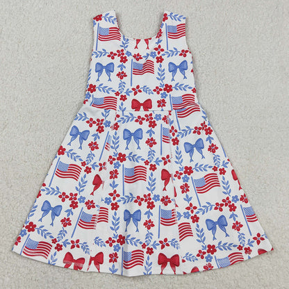 Sibling Baby Girls Flag Flower Bows Checked Pockets Short 4th of July Clothes Set Active Dresses