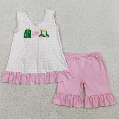 Baby Girls Clothes Embroidery Golf Trucks Polka Dots Back Bow Tunic Ruffle Short Clothes Sets GSSO2884 1.15