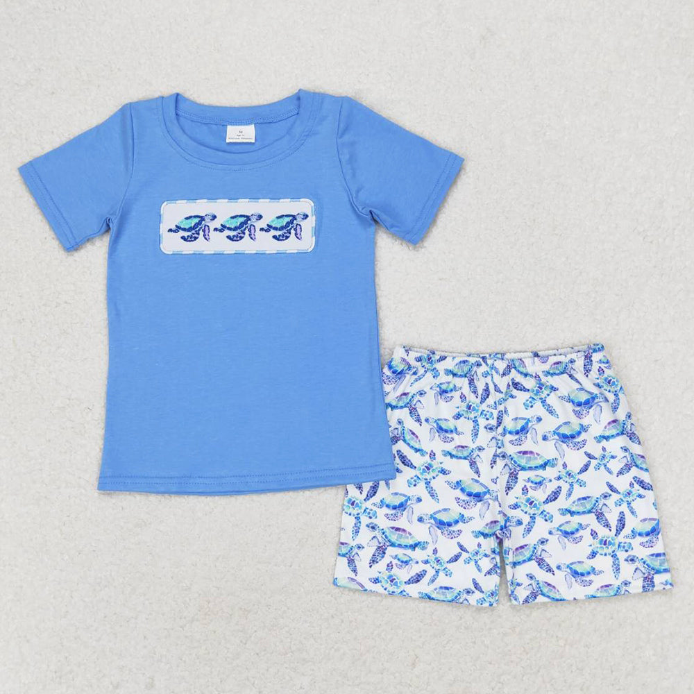 Baby Boys Clothes Blue Turtles Tee Shirts Tops Shorts Kids Sibling Clothes Girls Sets BSSO0916