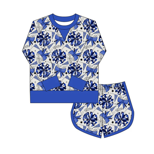 Preorder(moq 8)Baby Girls Hot Blue Bows Go Footballs Long Sleeve Top Shorts Team Clothes Set 9.29