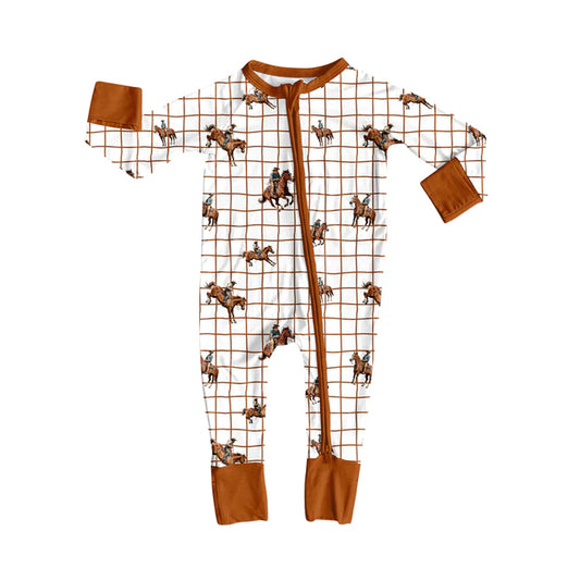Preorder (moq 5)Baby Boys Brown Checked Horse Rodeos Western Two Way Zip Convertible Rompers 12.6