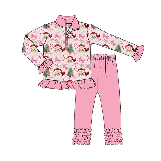 Preorder (moq 5)Baby Girls Pink Santa Trees Bows Zipper Pullovers Ruffle Leggings Christmas Set 8.30