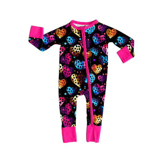 Preorder (moq 8)Baby Girls Polka Dots Hearts Valentine Zipper Footie Rompers 9.11