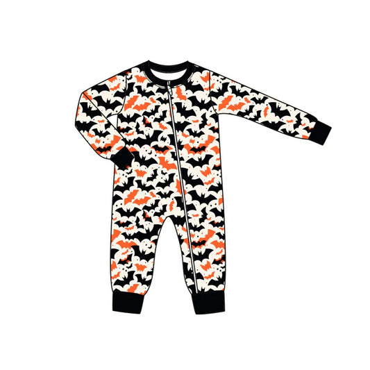 Preorder moq 5 Baby Infant Boys Long Sleeves Black Orange Bats Plaid Zipper Romper 7.15