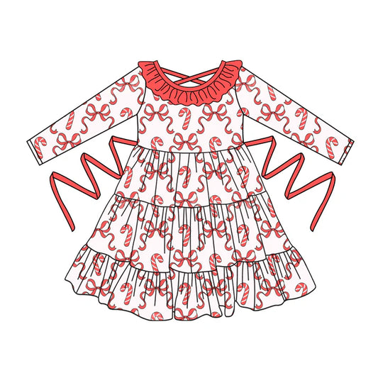Preorder moq 5 Baby Girls Long Sleeves Red Bows Candy Cane With Belt Ruffle Knee Length Dresses 5.2