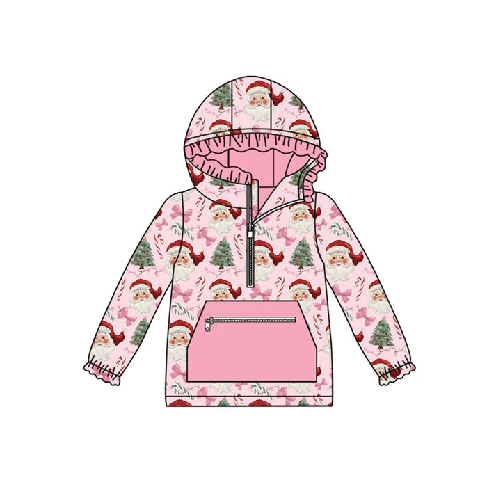 Preorder(moq 5)Baby Girls Pink Santa Trees Bows Pockets Zipper Christmas Hoodie Tops 8.30