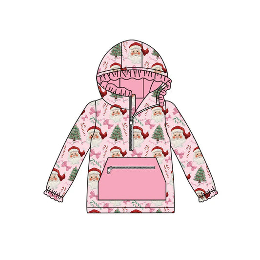 Preorder(moq 5)Baby Girls Pink Santa Trees Bows Pockets Zipper Christmas Hoodie Tops 8.30