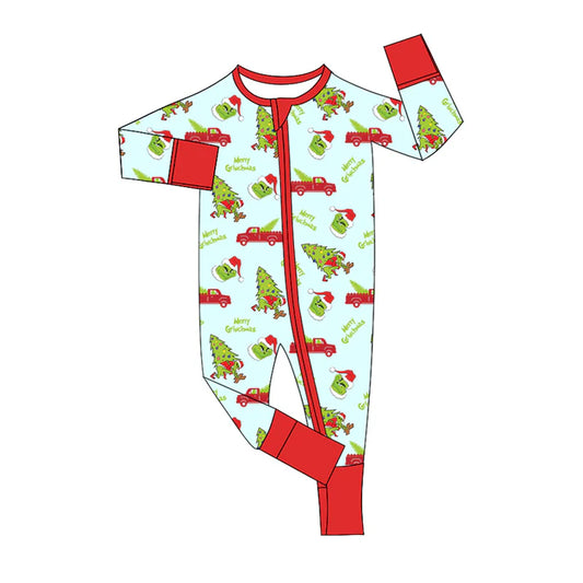 Preorder(moq 5)Baby Infant Boys Long Sleeves Green Face Christmas Trees Zipper Rompers 7.30