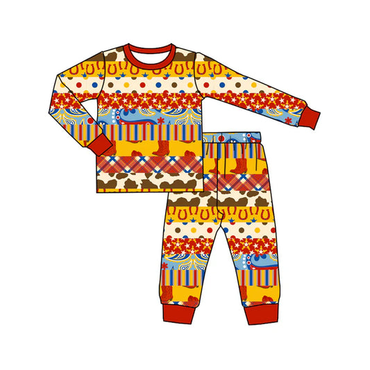 Preorder (moq 5)Baby Boys Red Long Sleeves Camo Polka Dots Stripe Top Pant Pajamas Set 6.2