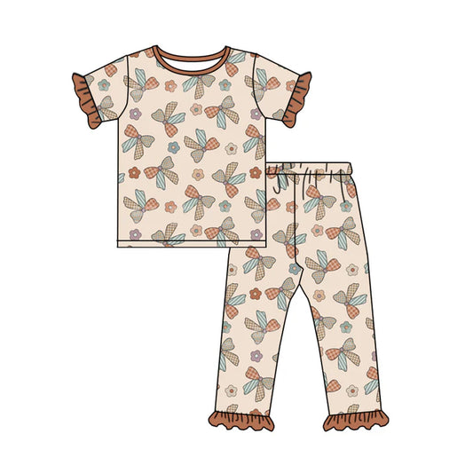 Preorder (moq 5)Baby Girls Brown Short Ruffle Sleeves Bows Flowers Top Pant Pajamas Sets 6.11