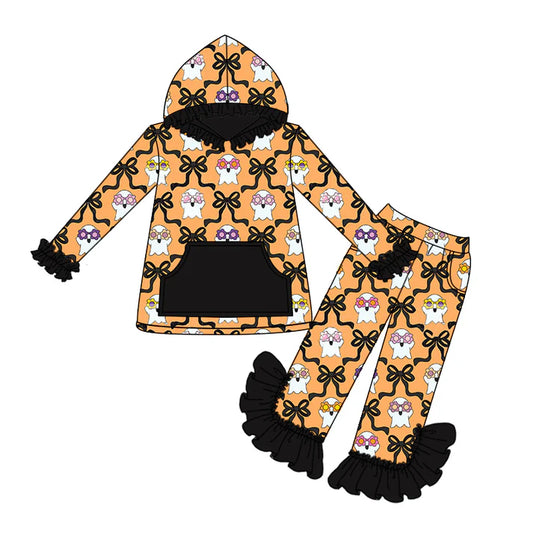 Preorder (moq 5)Baby Girls Long Ruffle Sleeves Black Bows Ghost Plaid Pocket Hoodies Pant Set 6.17